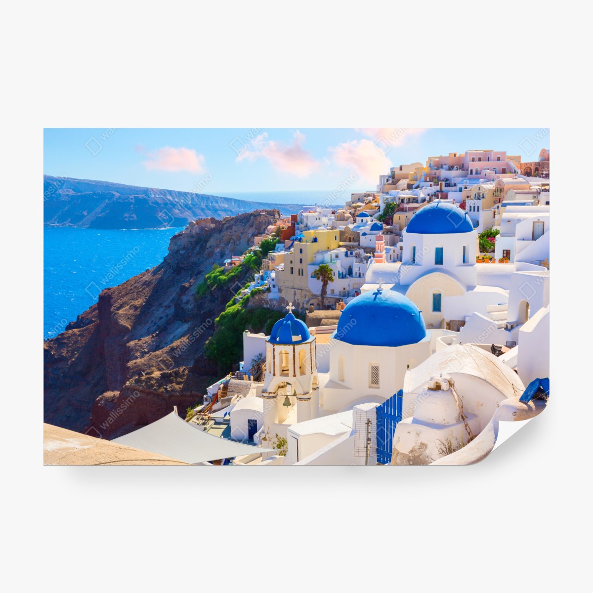 Fototapeta Santorini niebieskie kopuły i białe domy – Wallissimo® Fototapeta Santorini niebieskie kopuły i białe domy – Wallissimo®