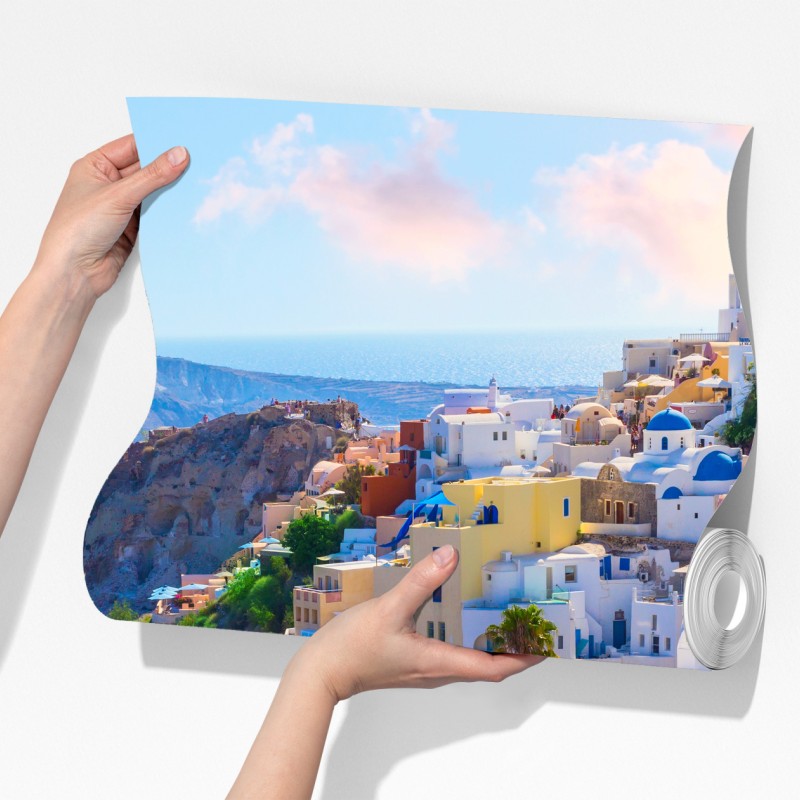 Fototapeta Santorini niebieskie kopuły i białe domy – Wallissimo® Fototapeta Santorini niebieskie kopuły i białe domy – Wallissimo®