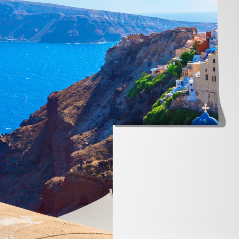 Fototapeta Santorini niebieskie kopuły i białe domy – Wallissimo® Fototapeta Santorini niebieskie kopuły i białe domy – Wallissimo®