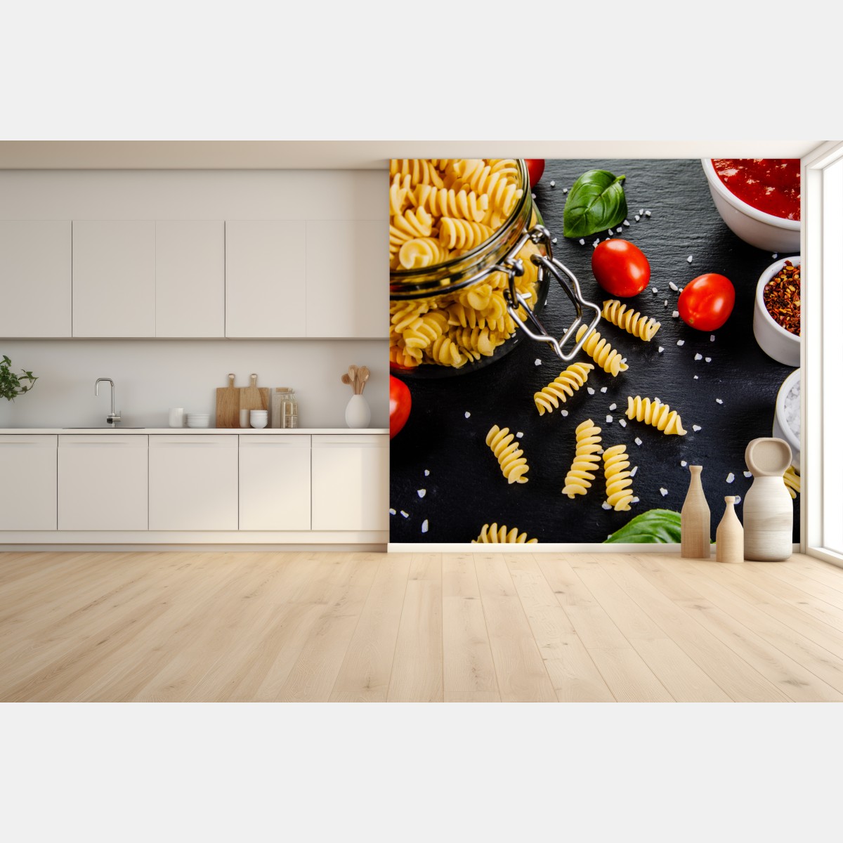 Wall mural pasta ingredients flat lay with tomatoes and basil