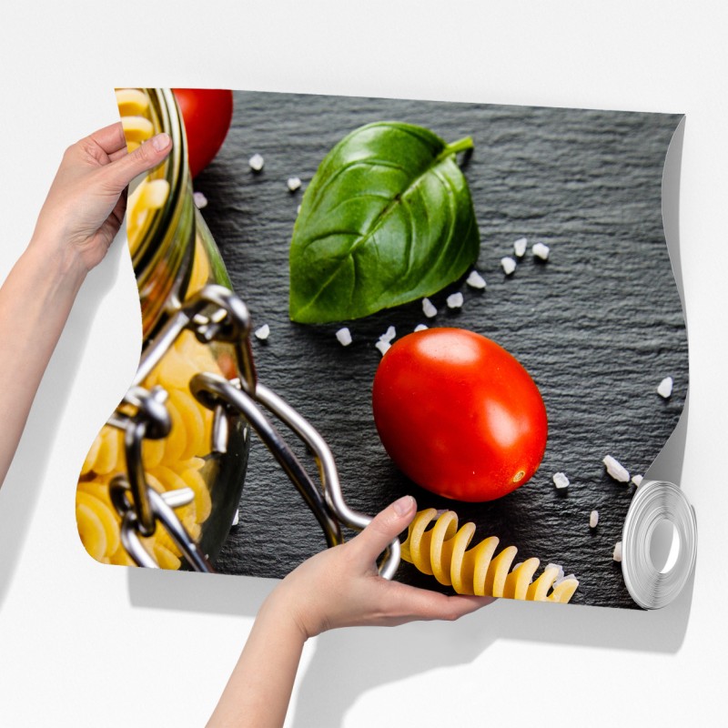 Fototapeta składniki do makaronu widok z góry z pomidorami i bazylią – Wallissimo® Fototapeta składniki do makaronu widok z góry z pomidorami i bazylią – Wallissimo®