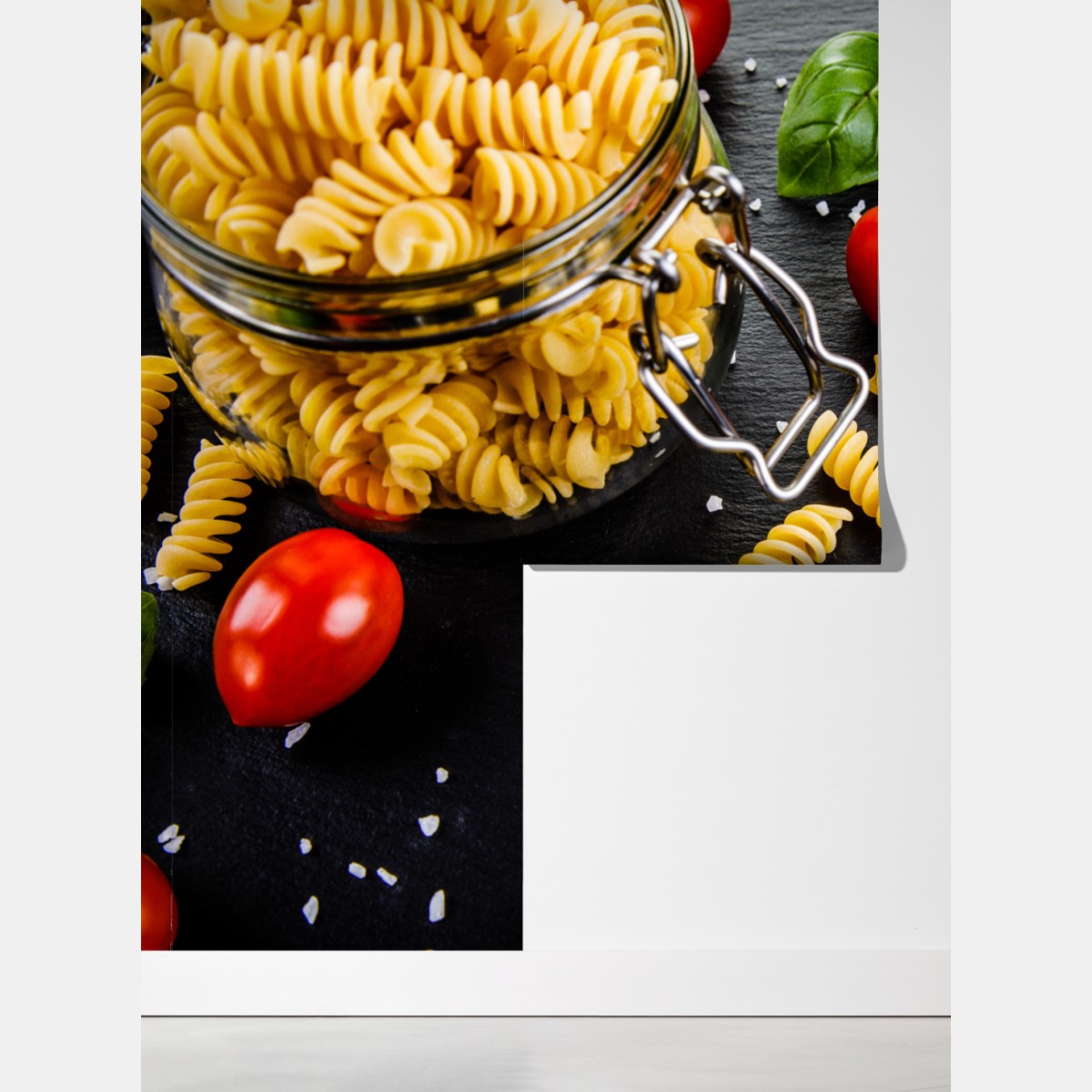 Fototapeta składniki do makaronu widok z góry z pomidorami i bazylią – Wallissimo® Fototapeta składniki do makaronu widok z góry z pomidorami i bazylią – Wallissimo®