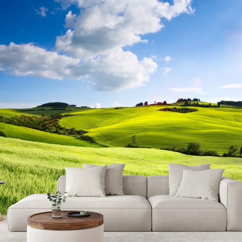 Fototapeta Toskania zielone wzgórza o zachodzie słońca