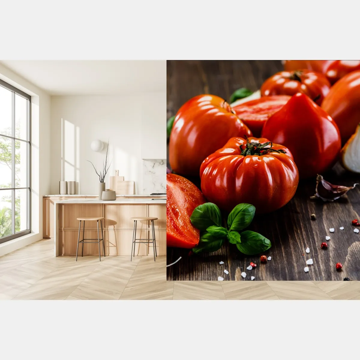 Fototapeta dojrzałe pomidory na rustykalnym stole – Wallissimo® Fototapeta dojrzałe pomidory na rustykalnym stole – Wallissimo®