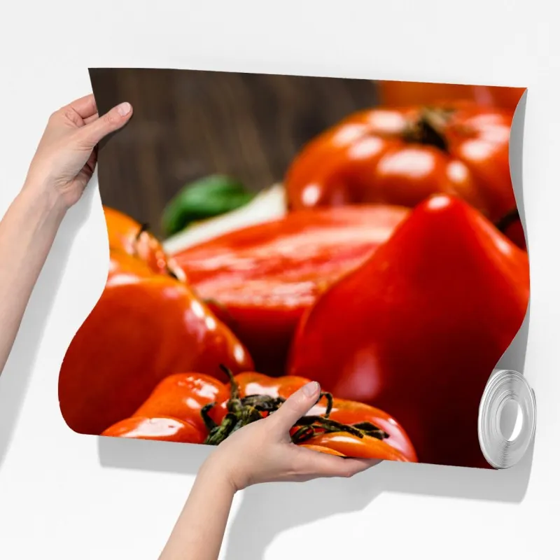 Fototapeta dojrzałe pomidory na rustykalnym stole – Wallissimo® Fototapeta dojrzałe pomidory na rustykalnym stole – Wallissimo®