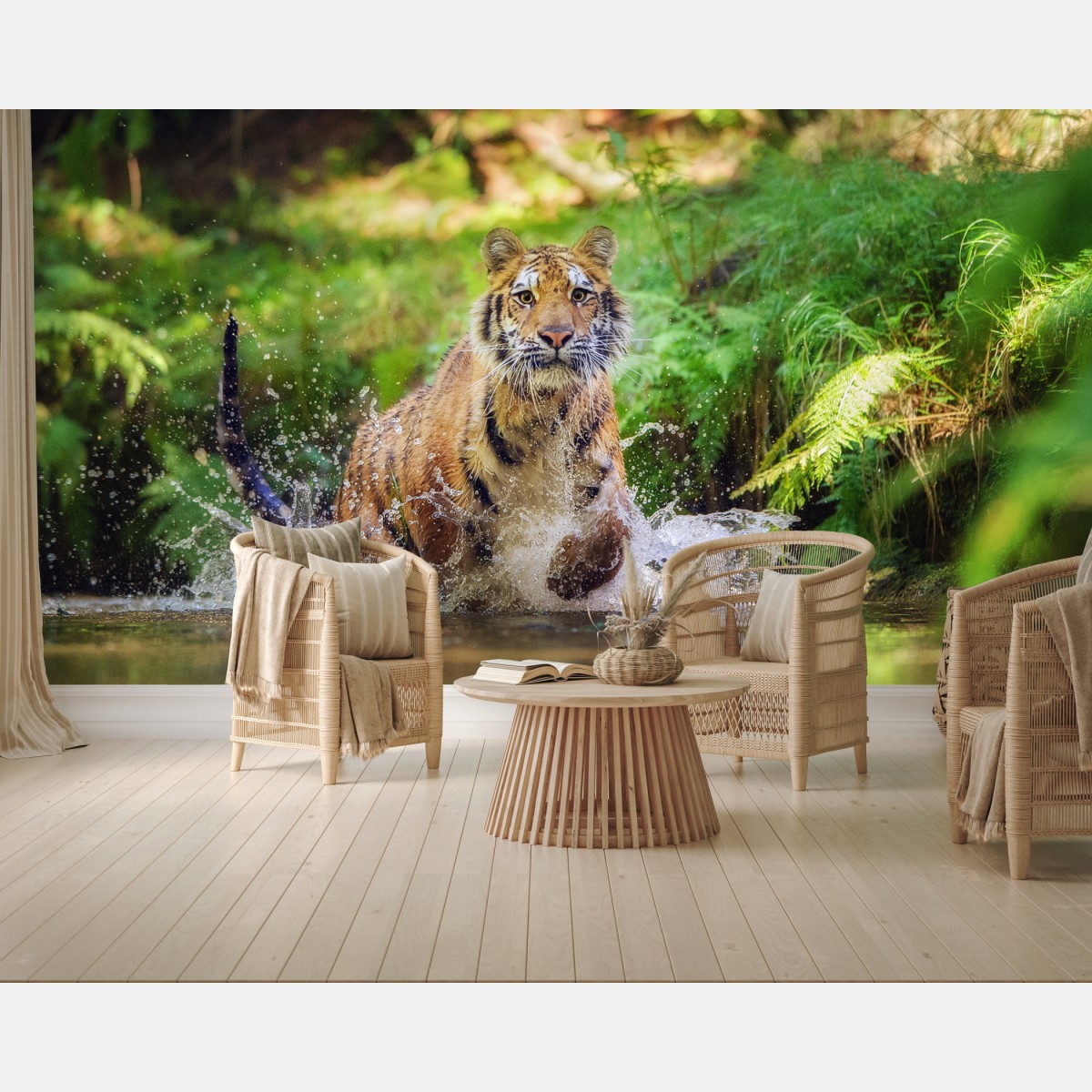 Wall mural majestic tiger in forest stream