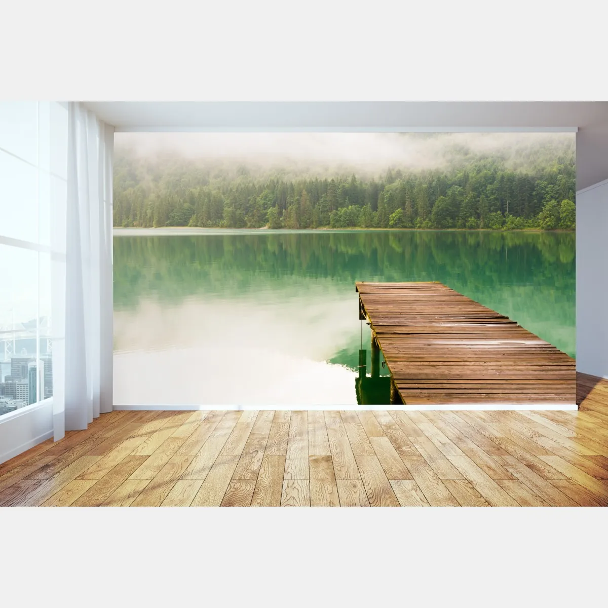 Fototapeta mglisty widok jeziora z drewnianym pomostem – Wallissimo® Fototapeta mglisty widok jeziora z drewnianym pomostem – Wallissimo®