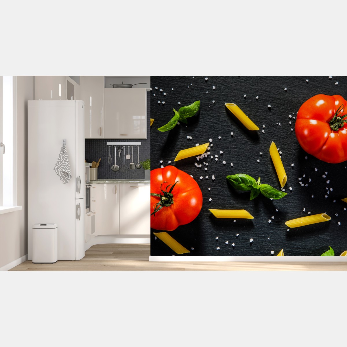 Wall mural tomato and pasta flat lay on black slate
