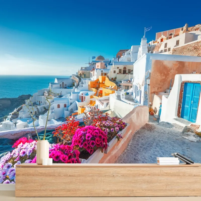 Fototapeta słoneczne Santorini na klifie