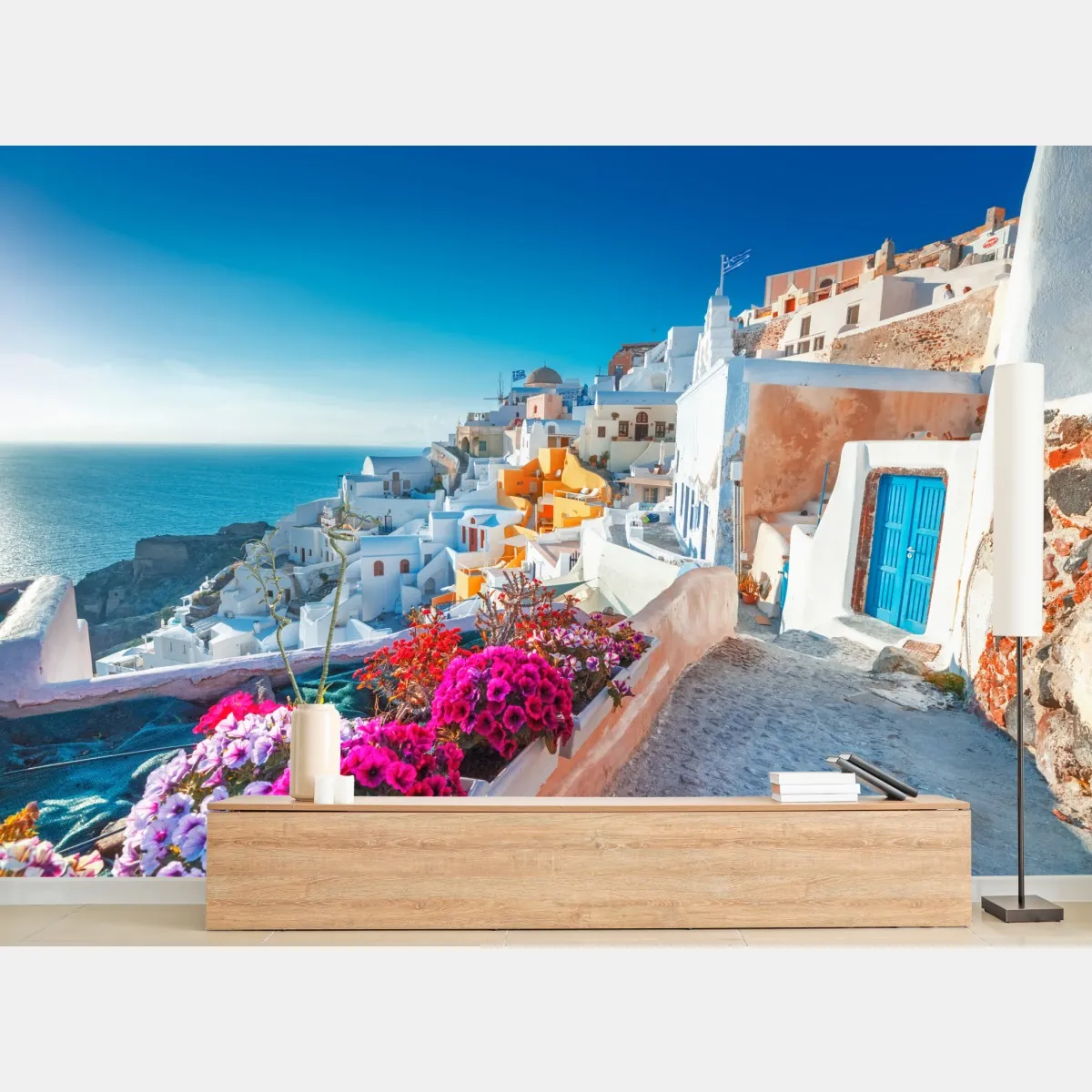 Fototapeta słoneczne Santorini na klifie – Wallissimo® Fototapeta słoneczne Santorini na klifie – Wallissimo®