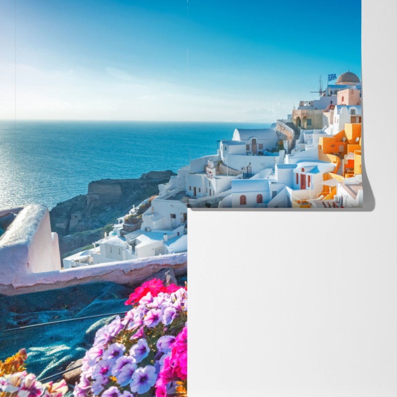 Fototapeta słoneczne Santorini na klifie – Wallissimo® Fototapeta słoneczne Santorini na klifie – Wallissimo®