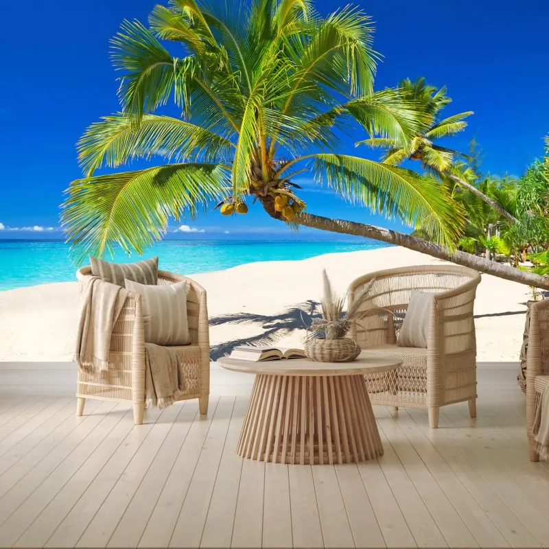 Fototapeta Morze Andamańskie tropikalna plaża z pochyloną palmą – Wallissimo® Fototapeta Morze Andamańskie tropikalna plaża z pochyloną palmą – Wallissimo®