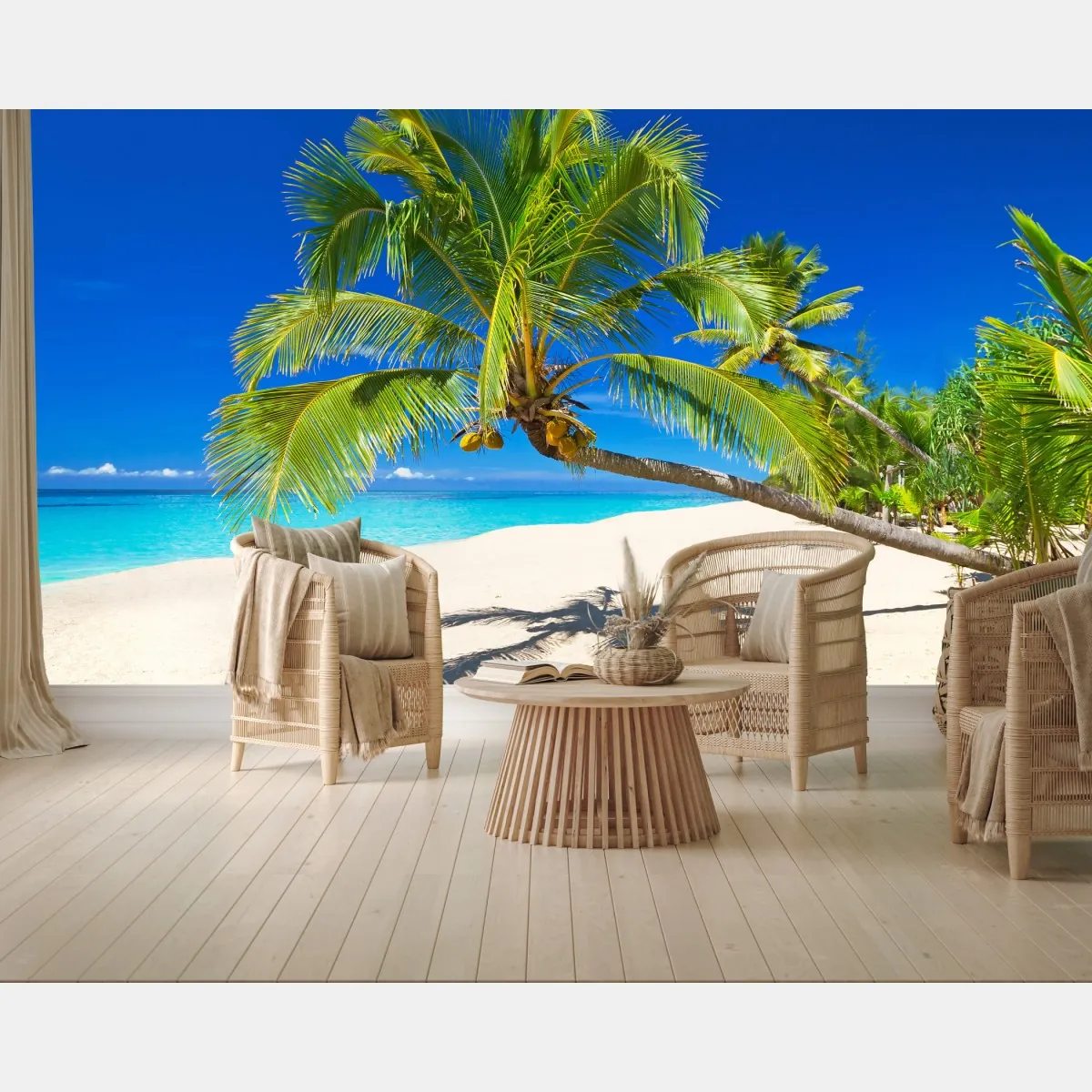 Fototapeta Morze Andamańskie tropikalna plaża z pochyloną palmą – Wallissimo® Fototapeta Morze Andamańskie tropikalna plaża z pochyloną palmą – Wallissimo®