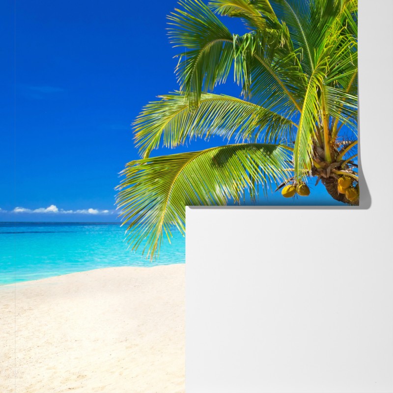 Fototapeta Morze Andamańskie tropikalna plaża z pochyloną palmą – Wallissimo® Fototapeta Morze Andamańskie tropikalna plaża z pochyloną palmą – Wallissimo®