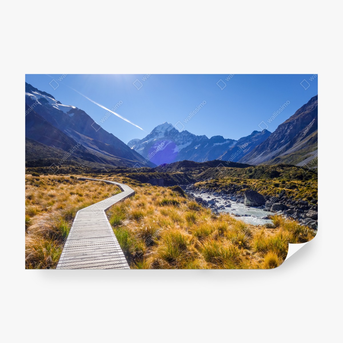 Fototapeta pomost Hooker Valley z widokiem na Aoraki Mount Cook – Wallissimo® Fototapeta pomost Hooker Valley z widokiem na Aoraki Mount Cook – Wallissimo®