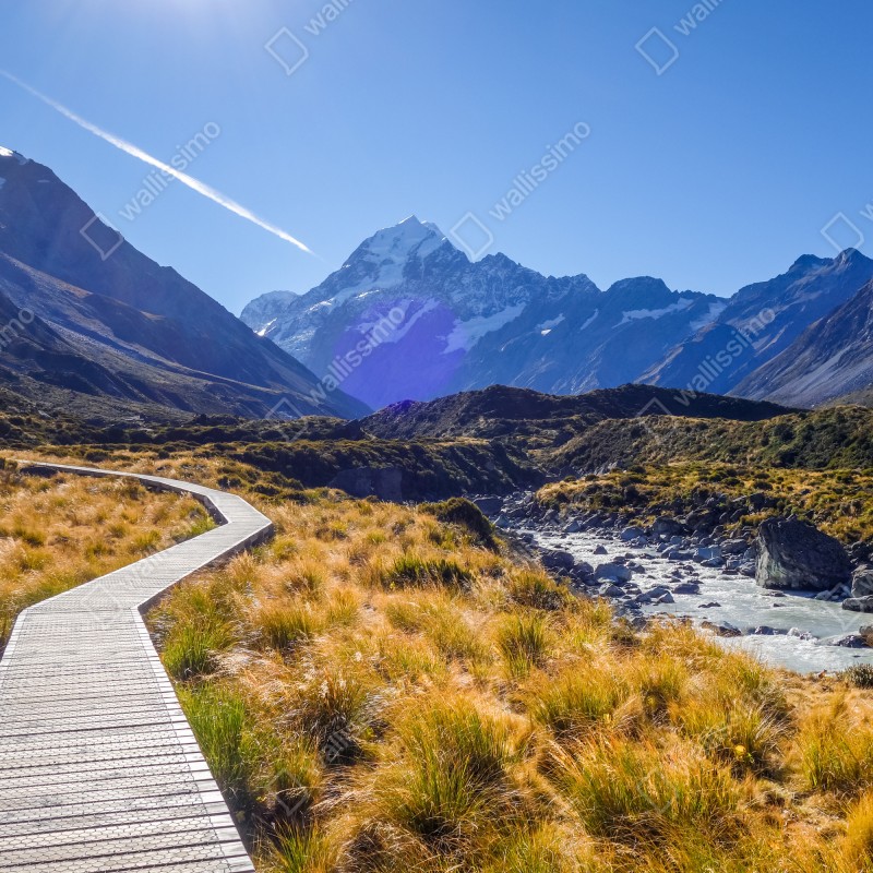 Fototapeta pomost Hooker Valley z widokiem na Aoraki Mount Cook – Wallissimo® Fototapeta pomost Hooker Valley z widokiem na Aoraki Mount Cook – Wallissimo®
