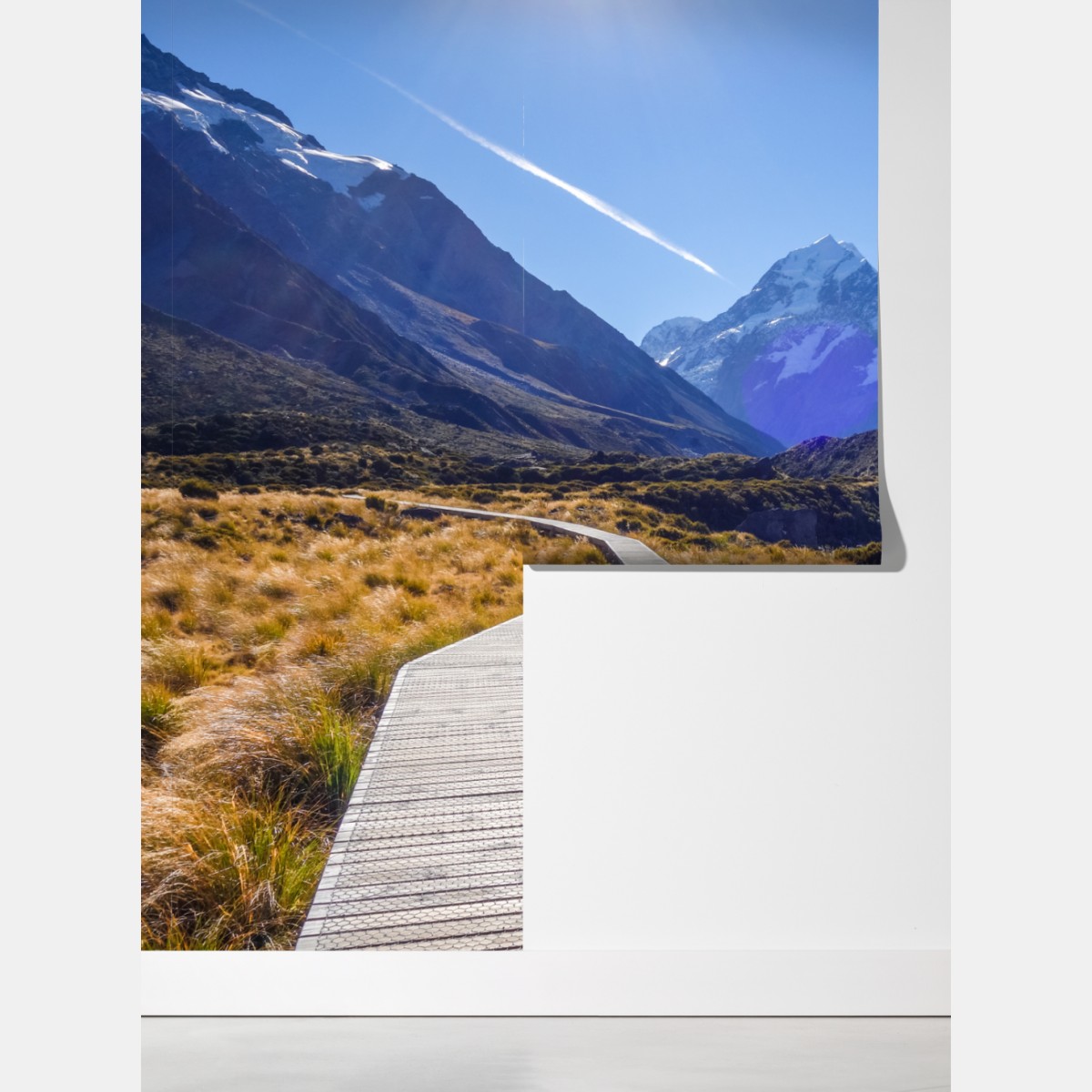 Fototapeta pomost Hooker Valley z widokiem na Aoraki Mount Cook – Wallissimo® Fototapeta pomost Hooker Valley z widokiem na Aoraki Mount Cook – Wallissimo®