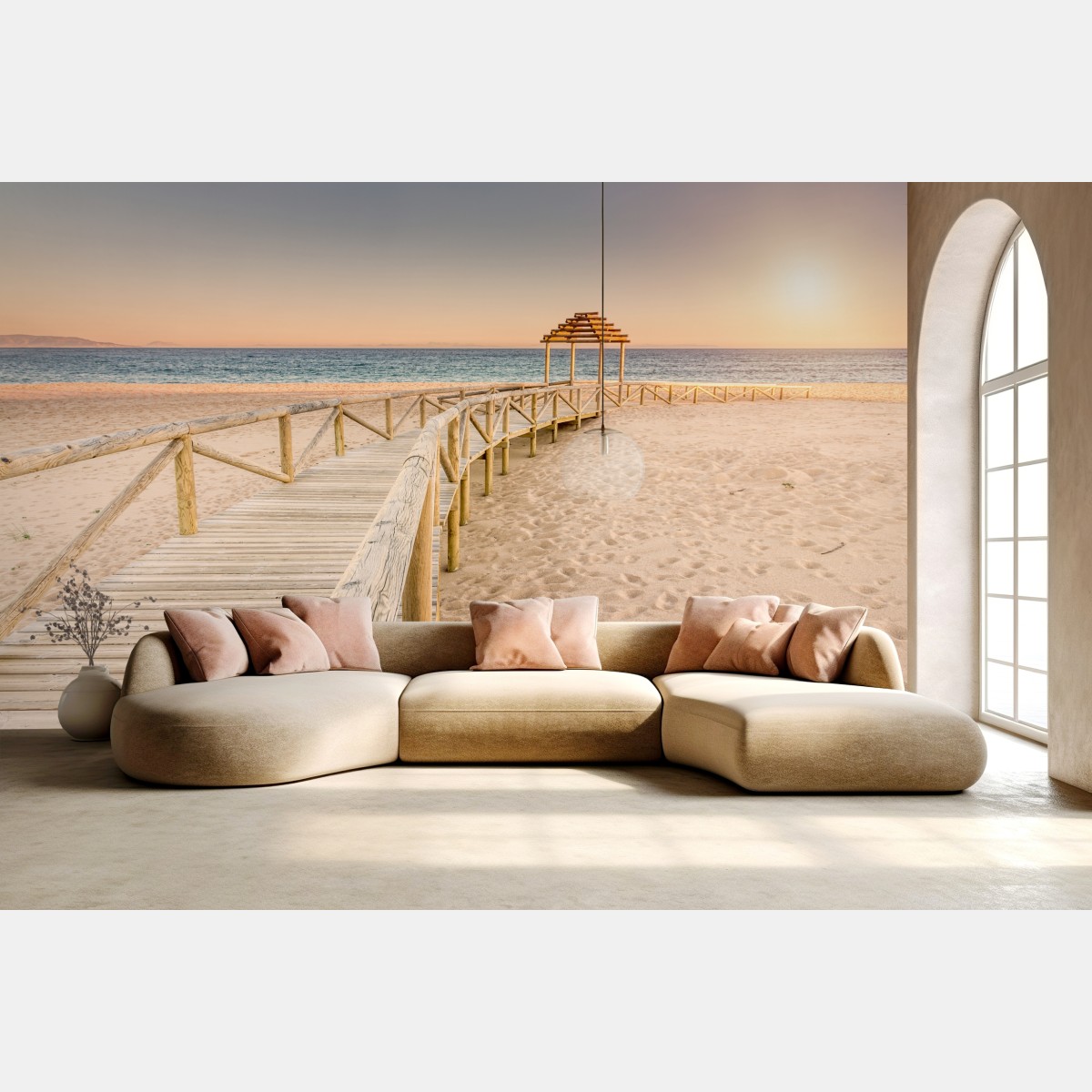 Wall mural wooden boardwalk to Trafalgar beach at sunset