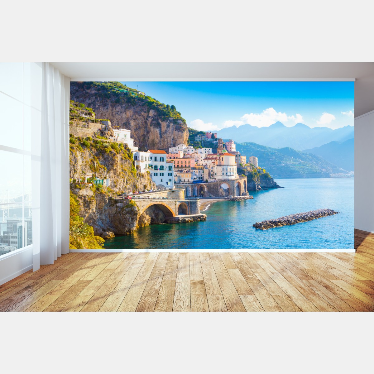 Wall mural sunlit Amalfi Coast village on cliffs