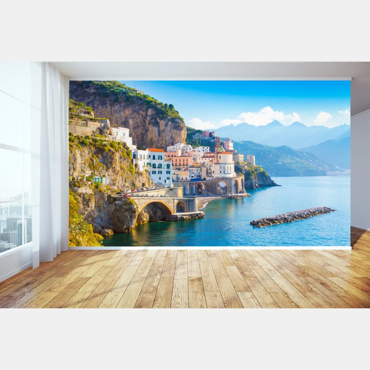Fototapeta słoneczna wioska na klifie Wybrzeże Amalfi – Wallissimo® Fototapeta słoneczna wioska na klifie Wybrzeże Amalfi – Wallissimo®