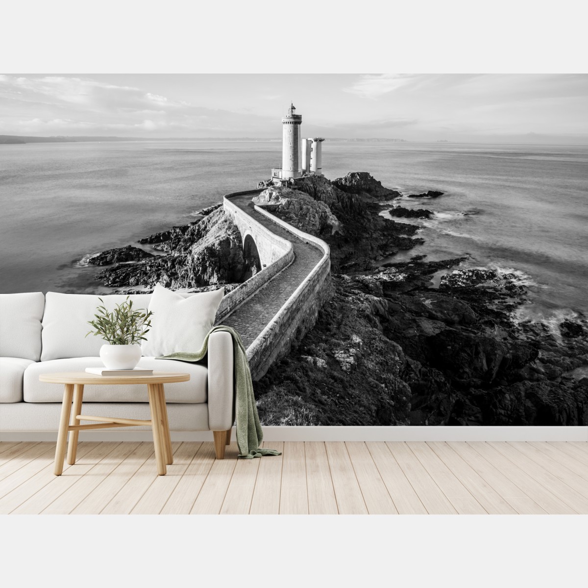 Wall mural lighthouse on rocky coast pathway