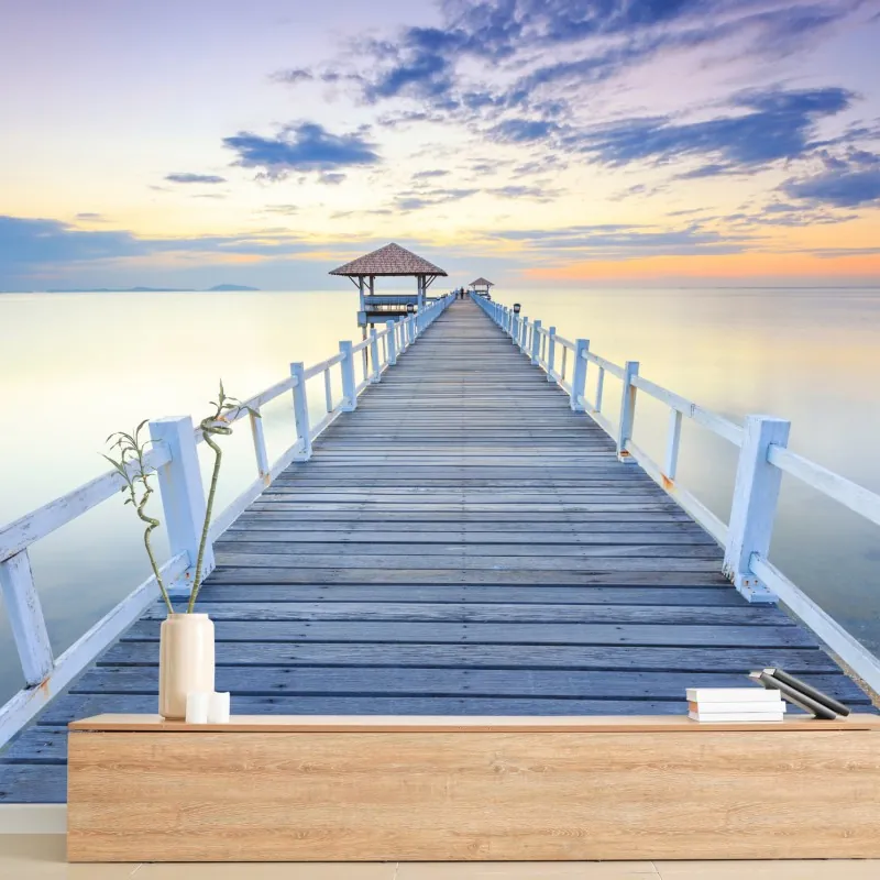 Fototapeta spokojne drewniane molo o zachodzie słońca