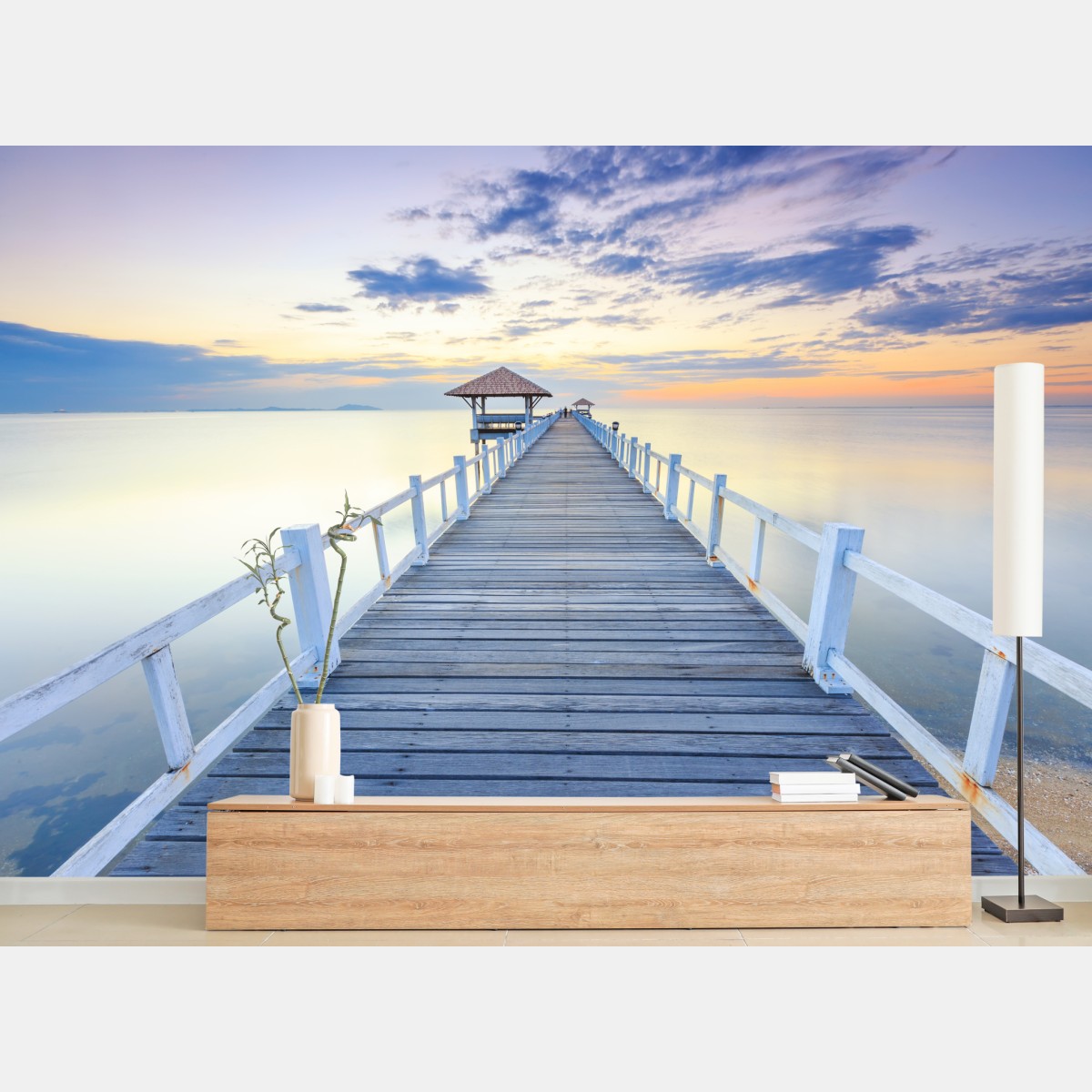 Wall mural tranquil wooden pier at sunset