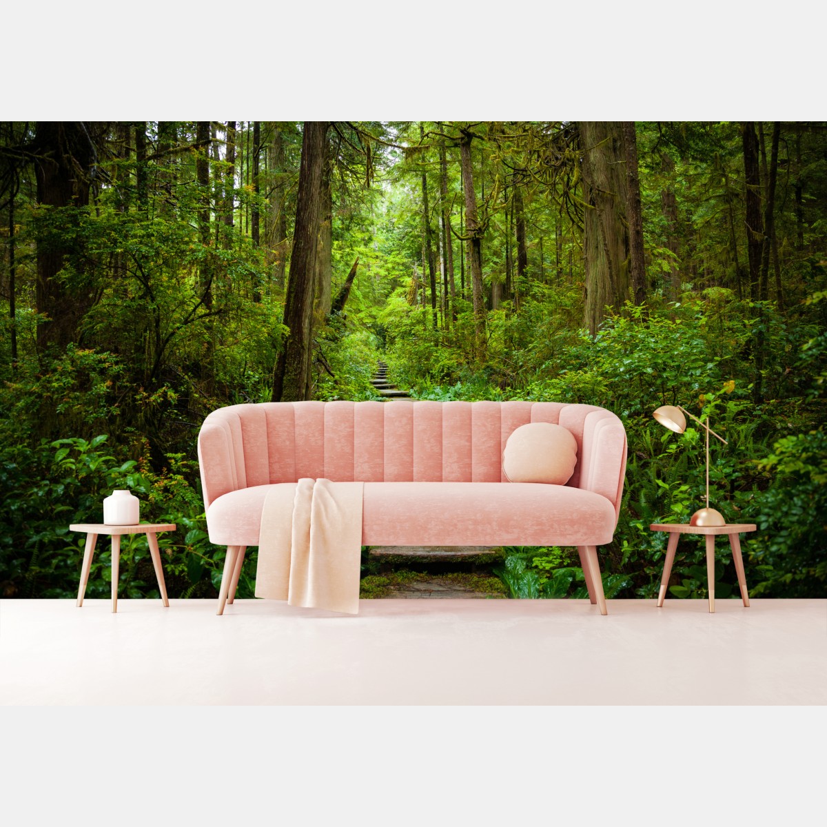 Wall mural serene forest boardwalk path