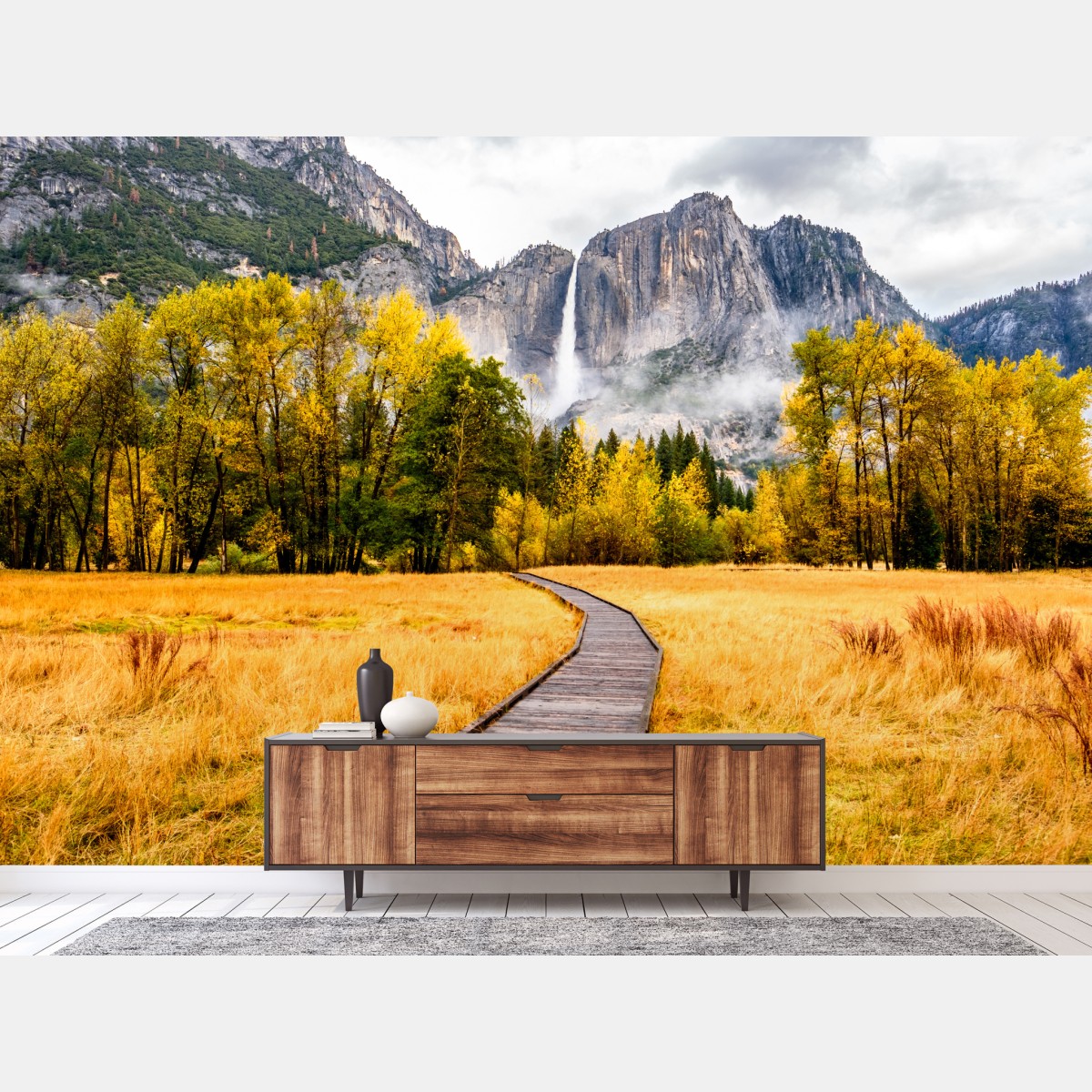 Wall mural autumn boardwalk to a waterfall