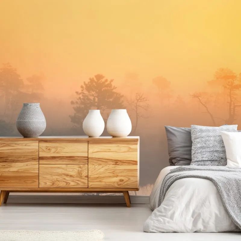 Fototapeta senny wschód słońca nad mglistym torfowiskiem – Wallissimo® Fototapeta senny wschód słońca nad mglistym torfowiskiem – Wallissimo®