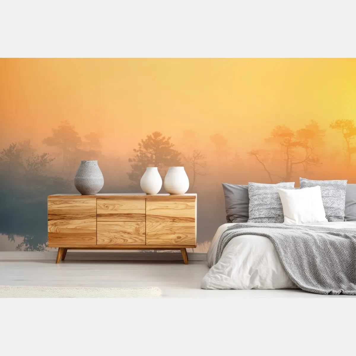 Fototapeta senny wschód słońca nad mglistym torfowiskiem – Wallissimo® Fototapeta senny wschód słońca nad mglistym torfowiskiem – Wallissimo®