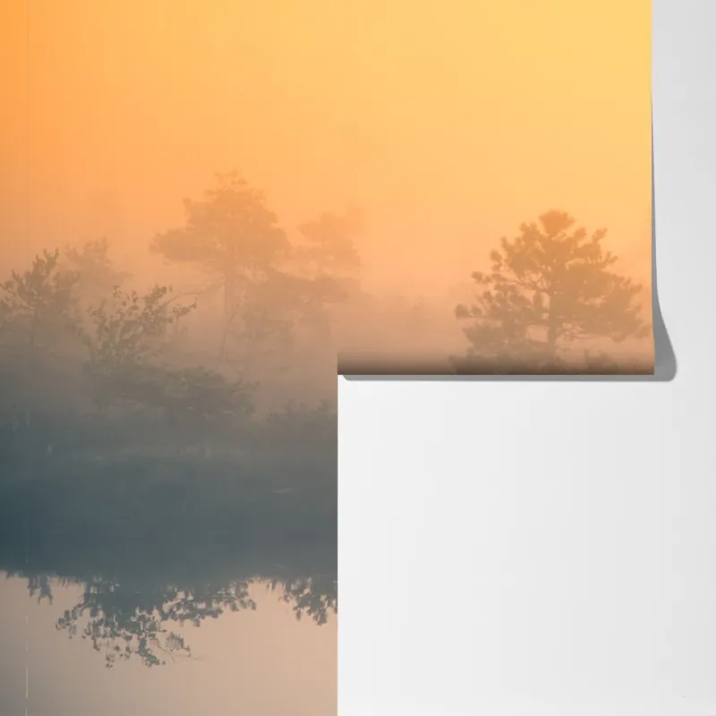 Fototapeta senny wschód słońca nad mglistym torfowiskiem – Wallissimo® Fototapeta senny wschód słońca nad mglistym torfowiskiem – Wallissimo®