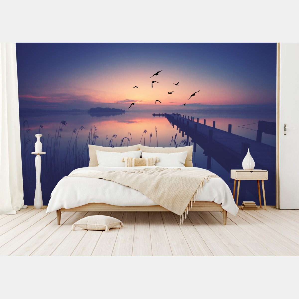 Wall mural serene lakeside sunrise with birds