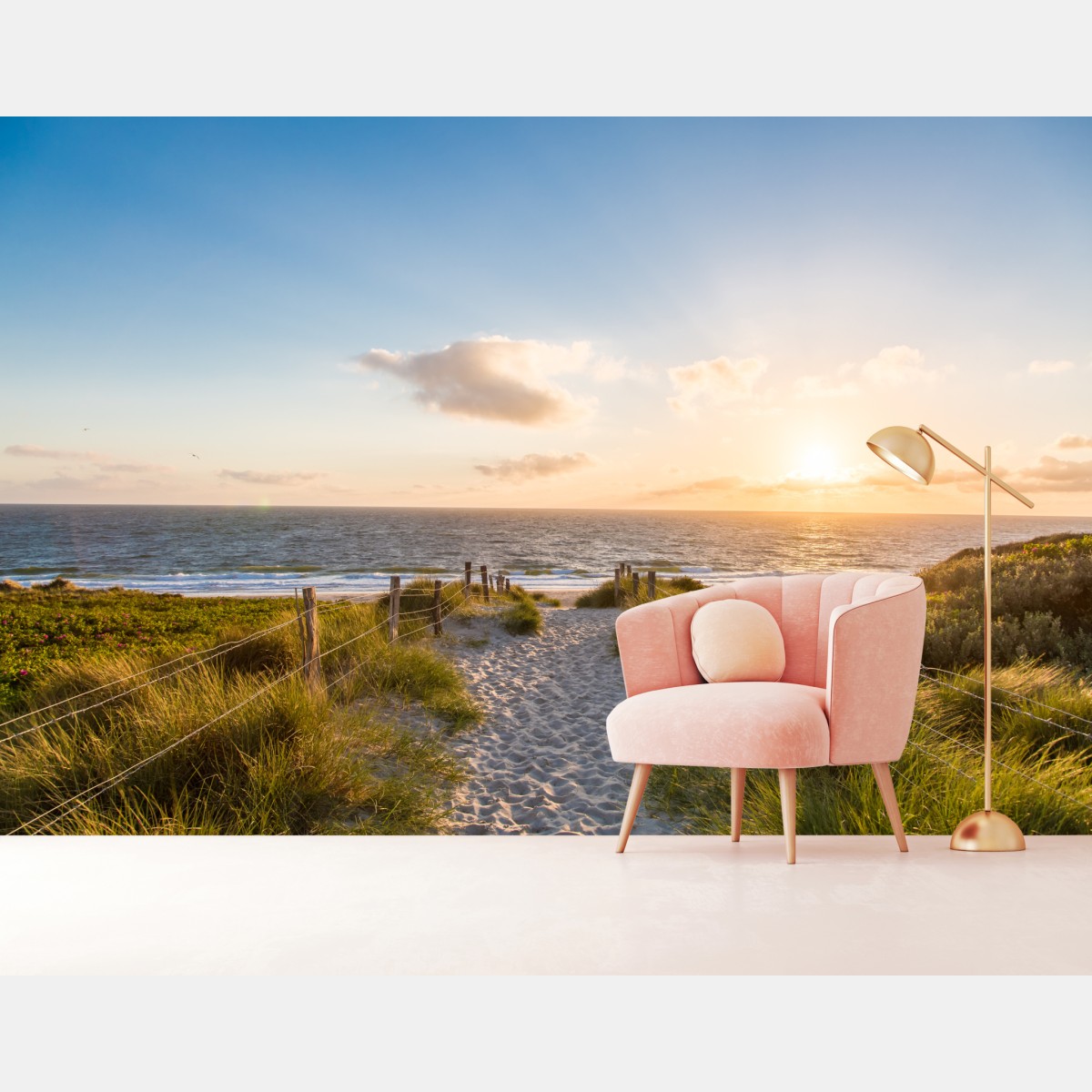 Wall mural sunlit beach path to the ocean