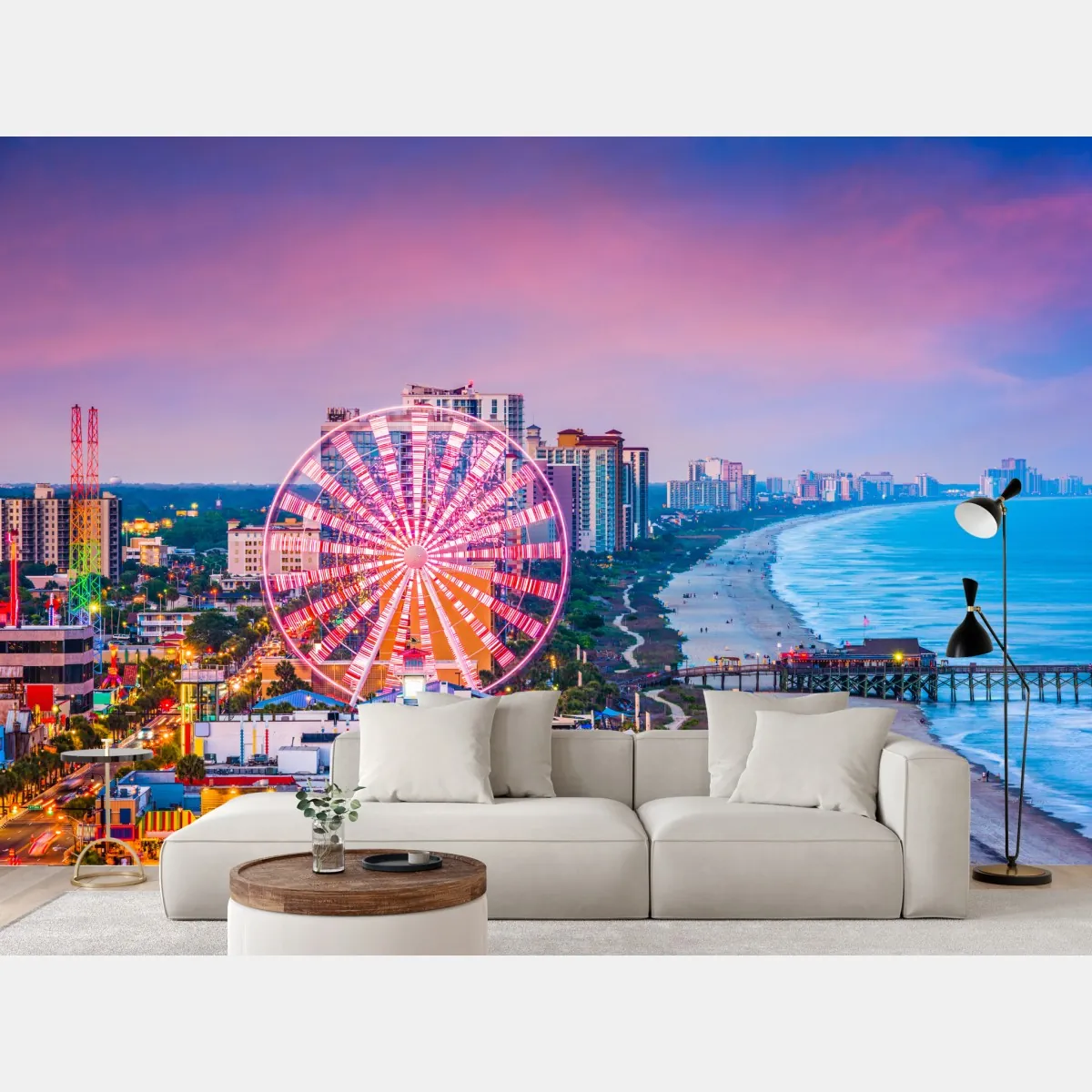 Fototapeta Myrtle Beach zachód słońca nad plażą z diabelskim młynem – Wallissimo® Fototapeta Myrtle Beach zachód słońca nad plażą z diabelskim młynem – Wallissimo®