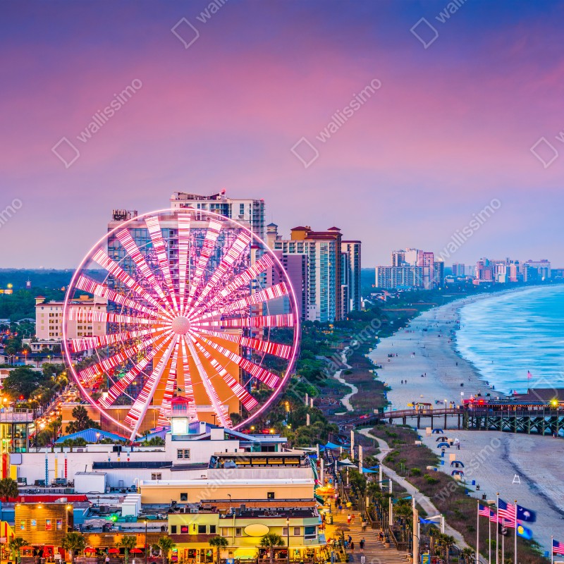 Fototapeta Myrtle Beach zachód słońca nad plażą z diabelskim młynem – Wallissimo® Fototapeta Myrtle Beach zachód słońca nad plażą z diabelskim młynem – Wallissimo®