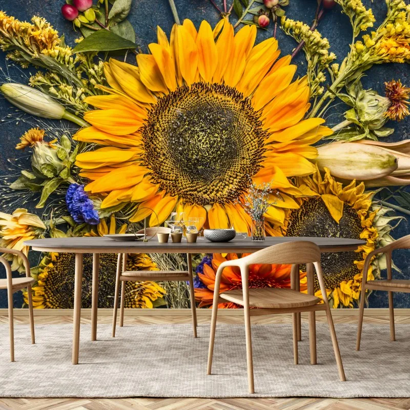 Fototapeta jesienny bukiet słoneczników na ciemnym rustykalnym tle