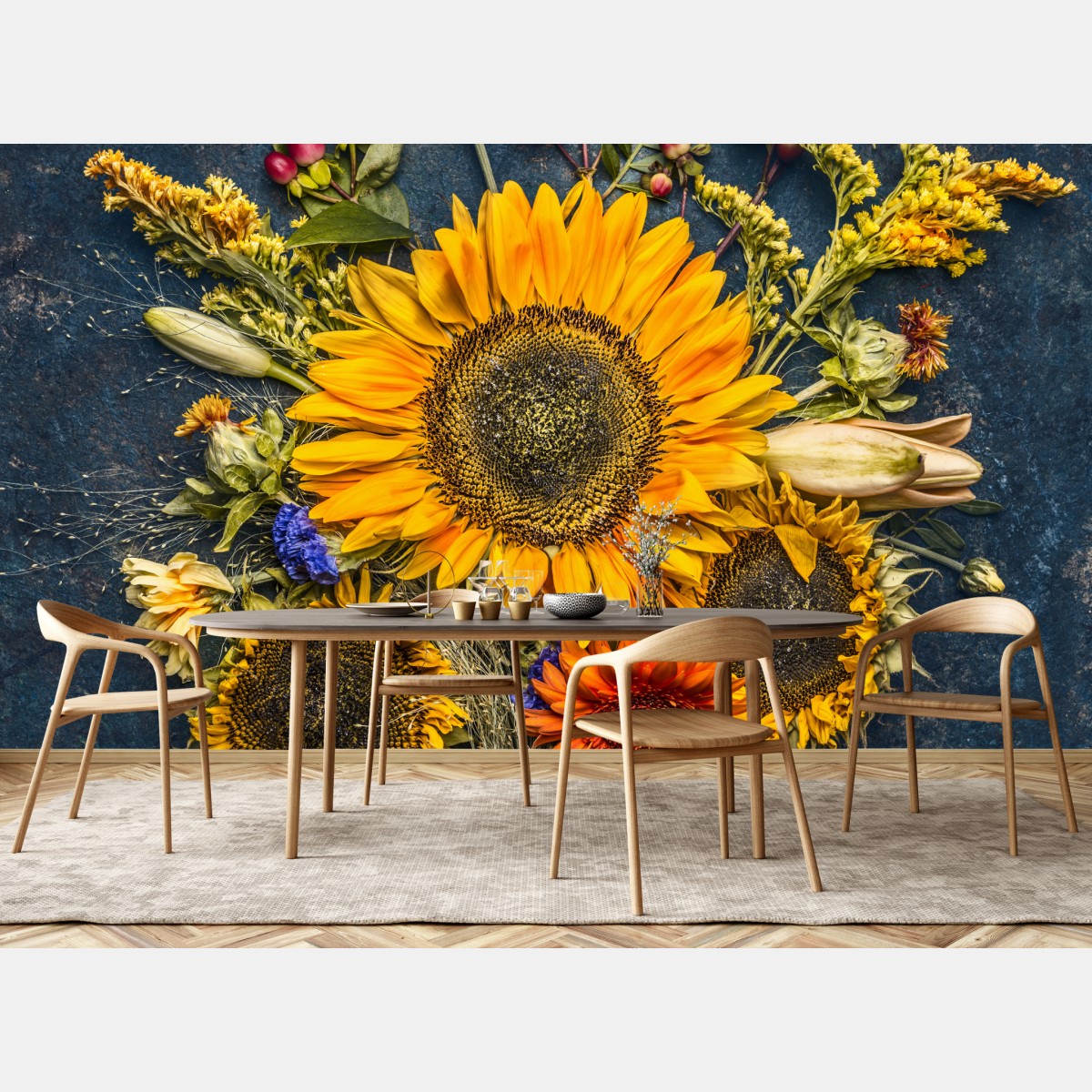 Wall mural autumn sunflower bouquet on dark rustic background