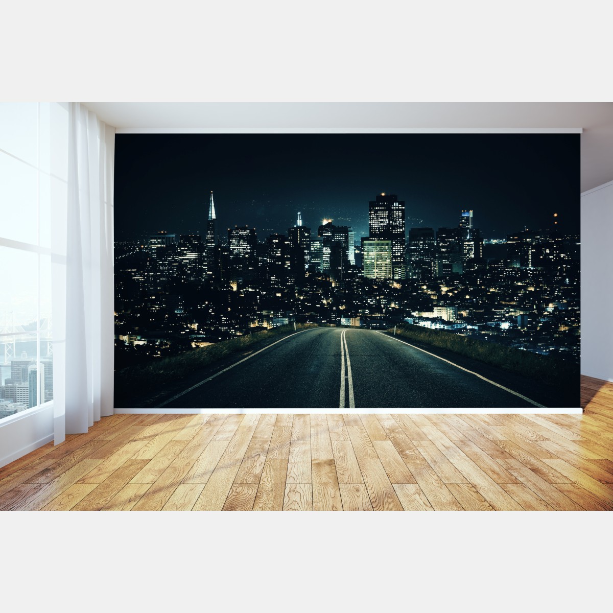 Wall mural road to illuminated city skyline at night