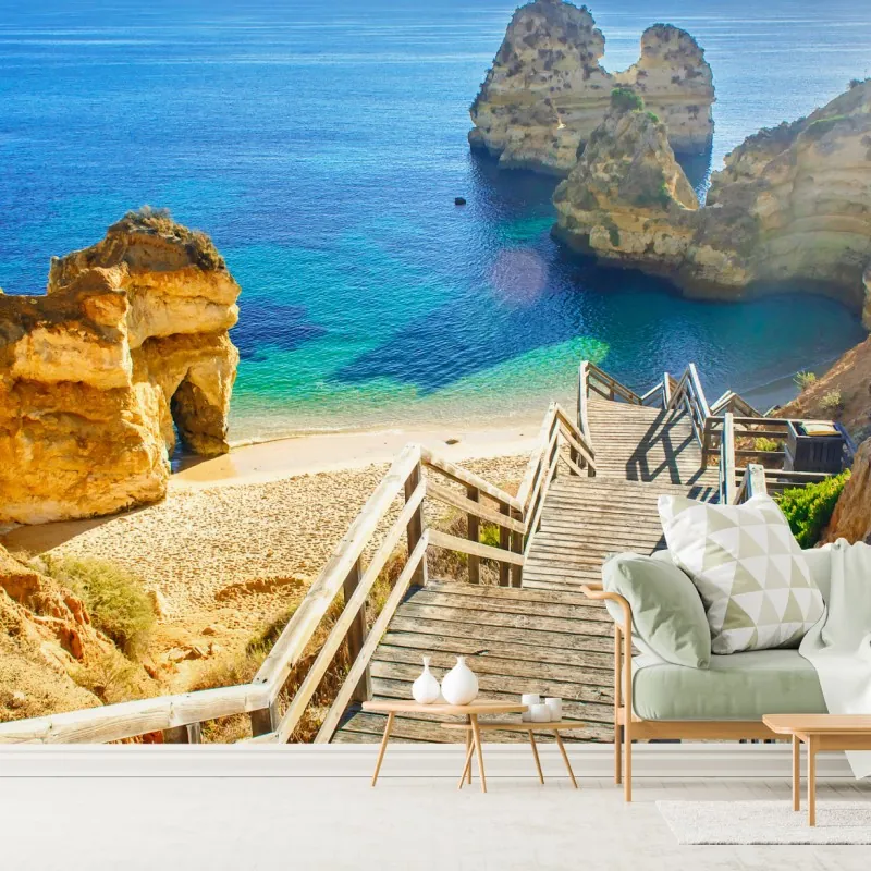 Fototapeta słoneczne schody prowadzące do turkusowej zatoczki – Wallissimo® Fototapeta słoneczne schody prowadzące do turkusowej zatoczki – Wallissimo®