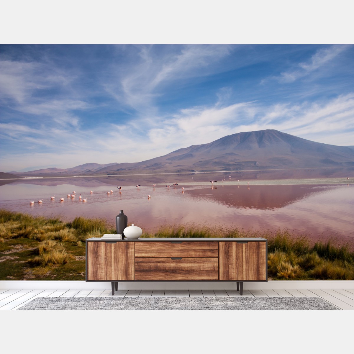 Wall mural pink lagoon with flamingos and mountain reflection