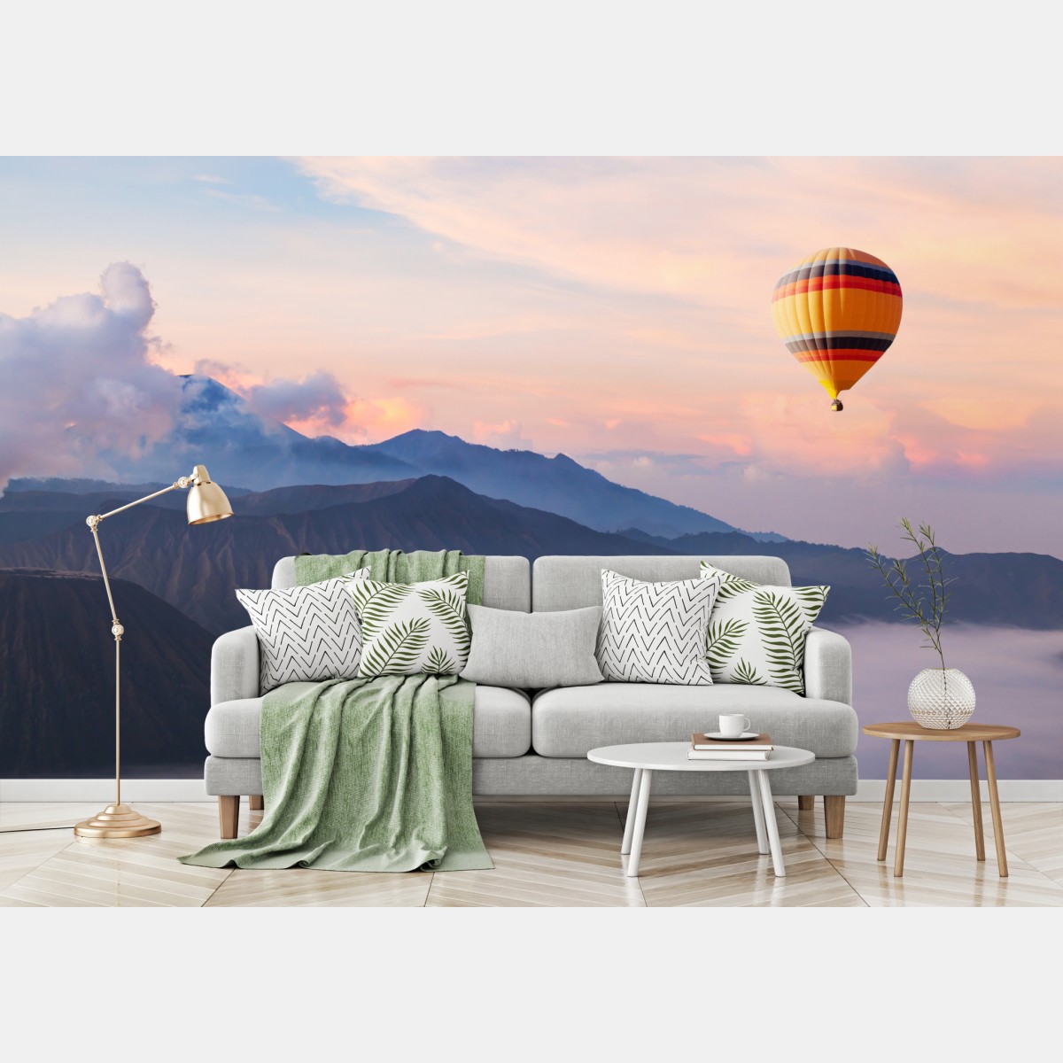 Wall mural hot air balloon over misty mountains