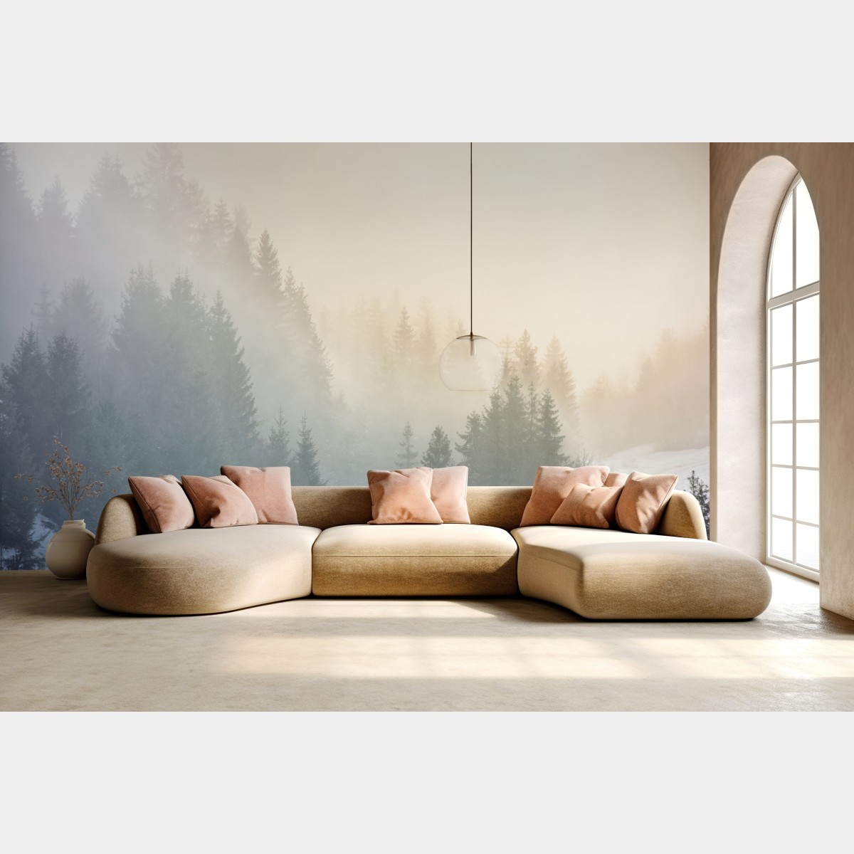 Wall mural misty spruce forest sunrise