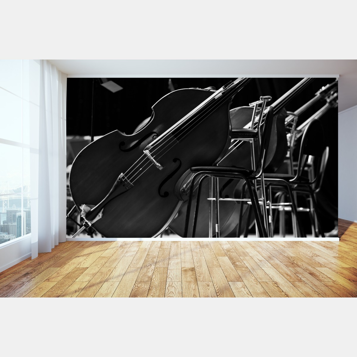 Wall mural monochrome double basses in orchestra