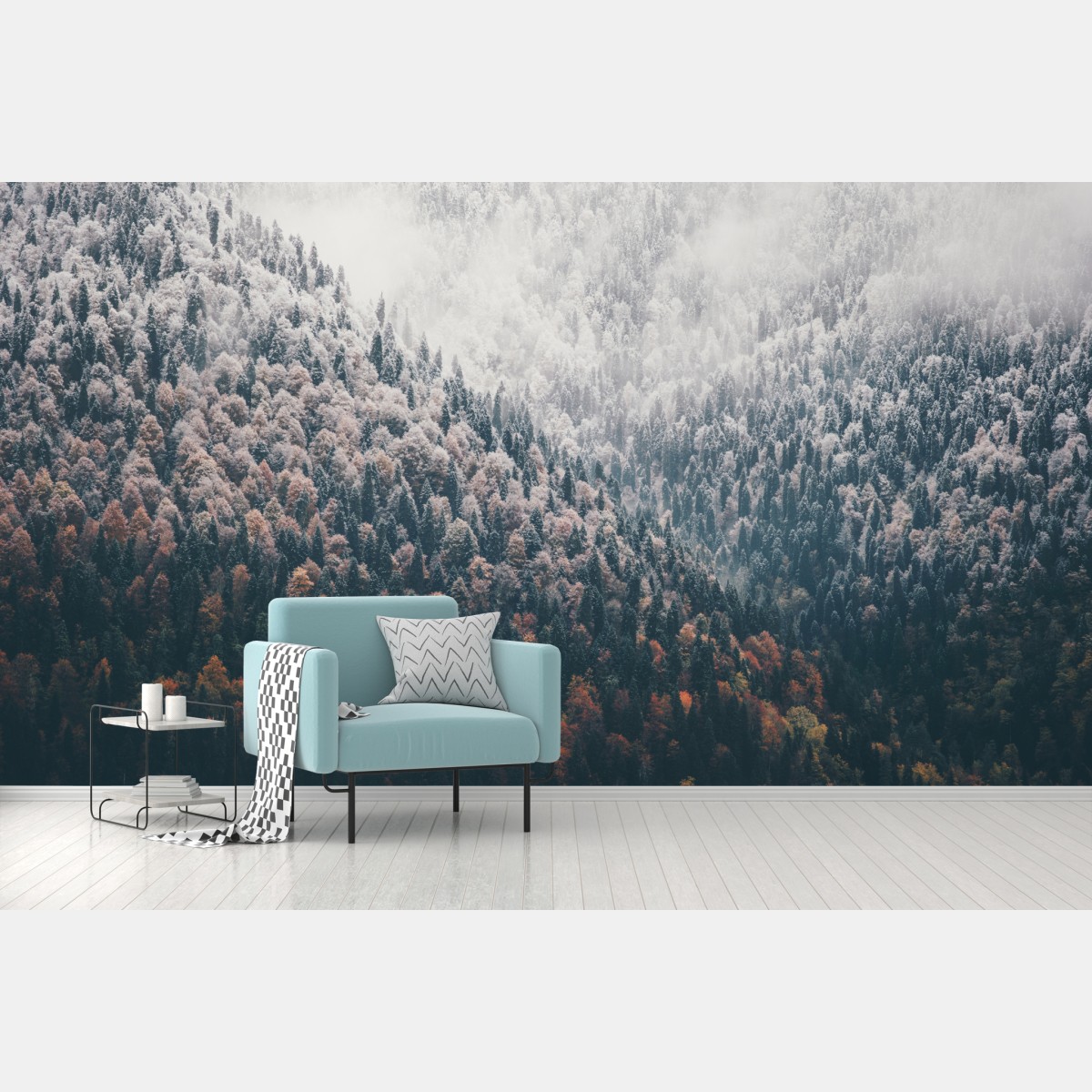 Wall mural misty autumn forest on snowy mountain