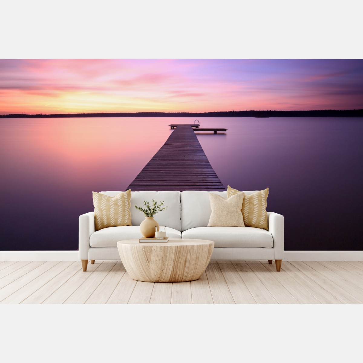 Wall mural tranquil pastel sunset over lake pier