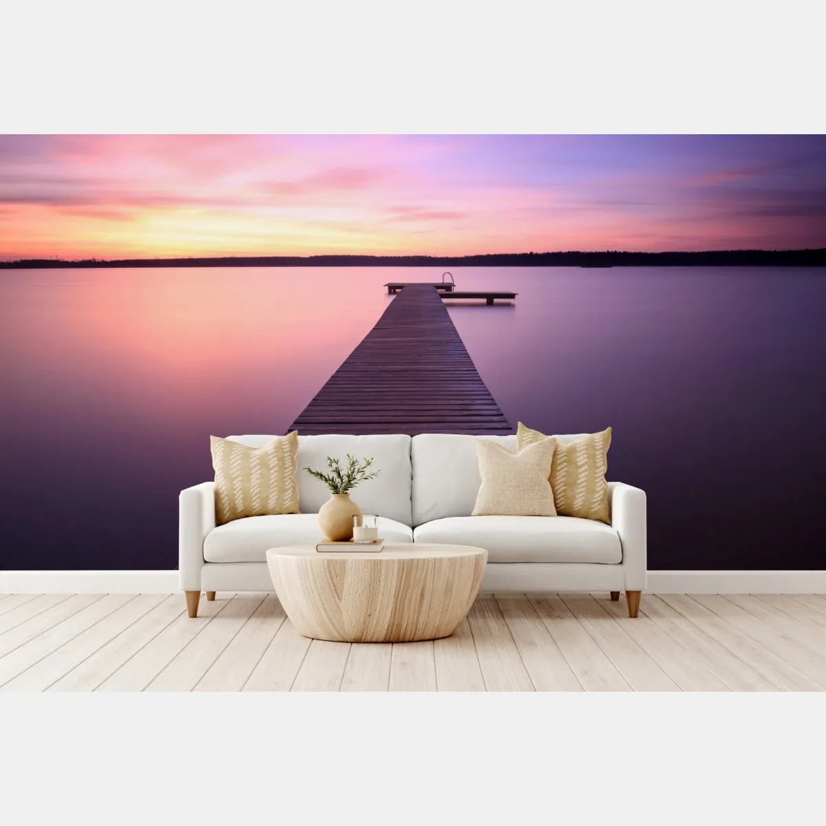 Fototapeta spokojny pastelowy zachód nad jeziorem z pomostem – Wallissimo® Fototapeta spokojny pastelowy zachód nad jeziorem z pomostem – Wallissimo®