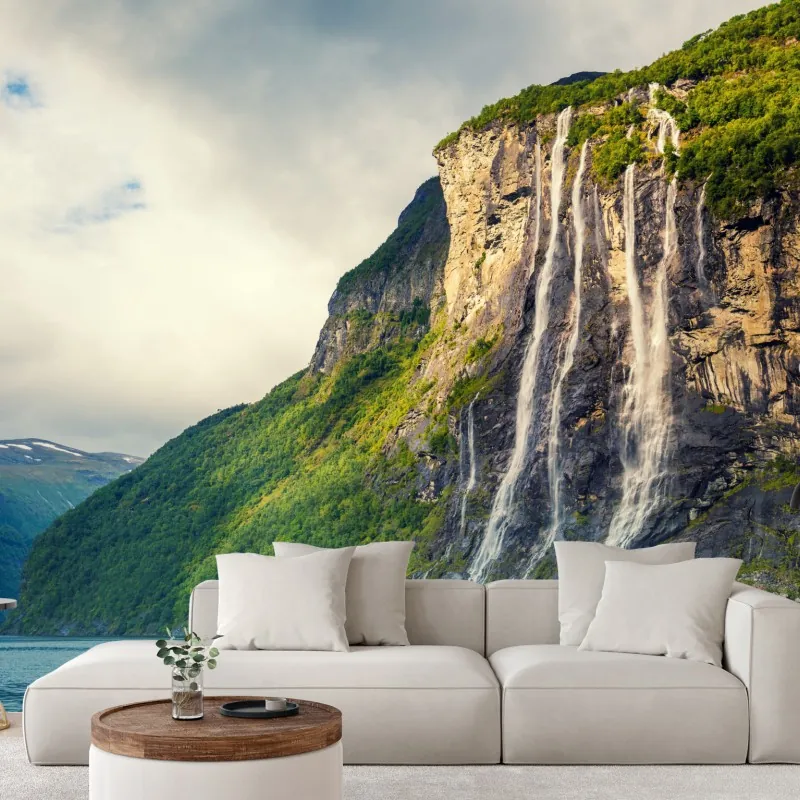 Fototapeta wodospady spływające po klifach fiordu
