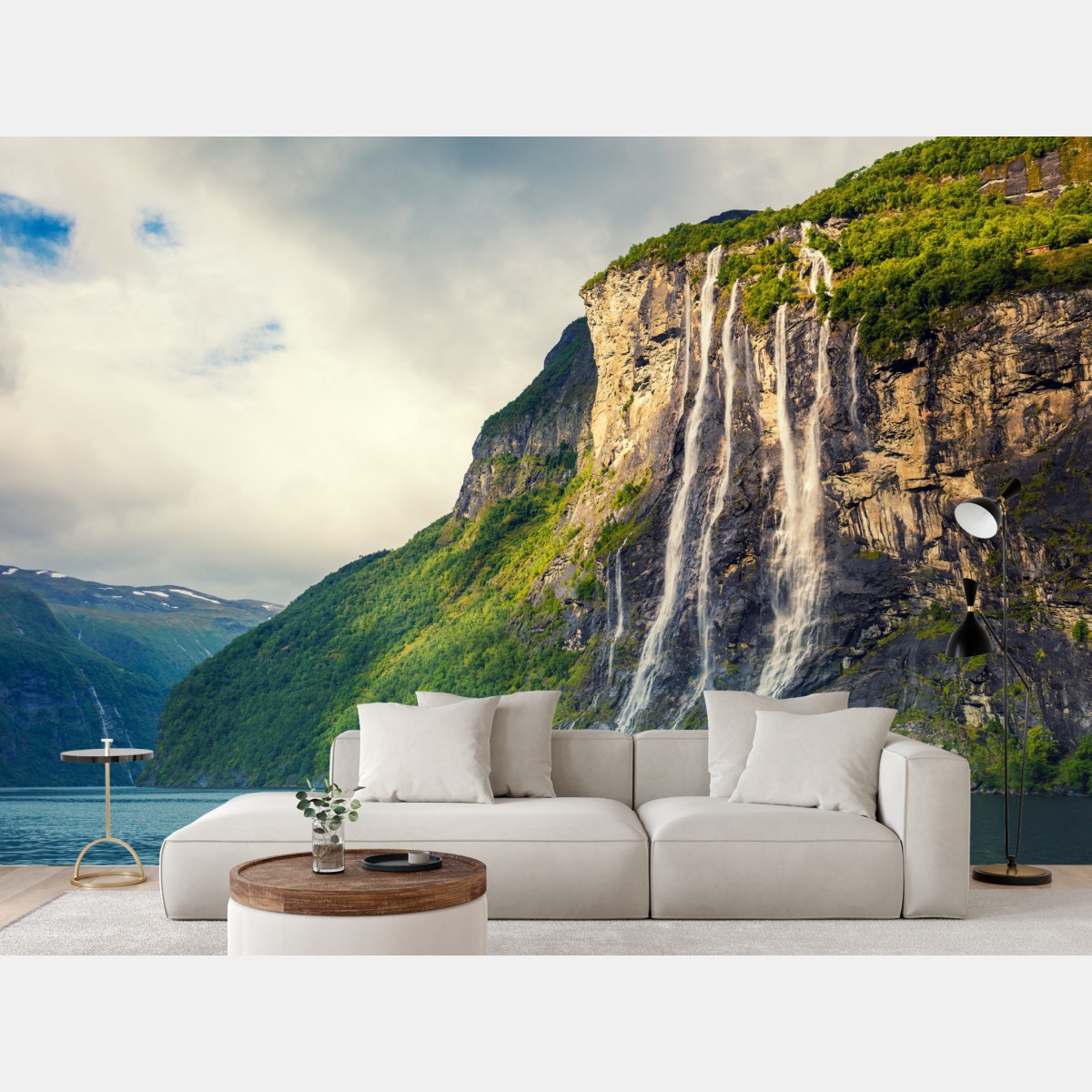 Wall mural waterfalls cascading down fjord cliffs