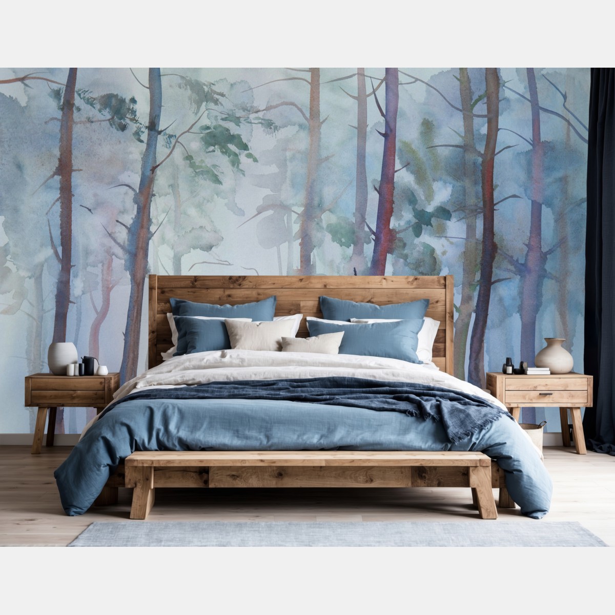 Wall mural misty watercolor forest landscape